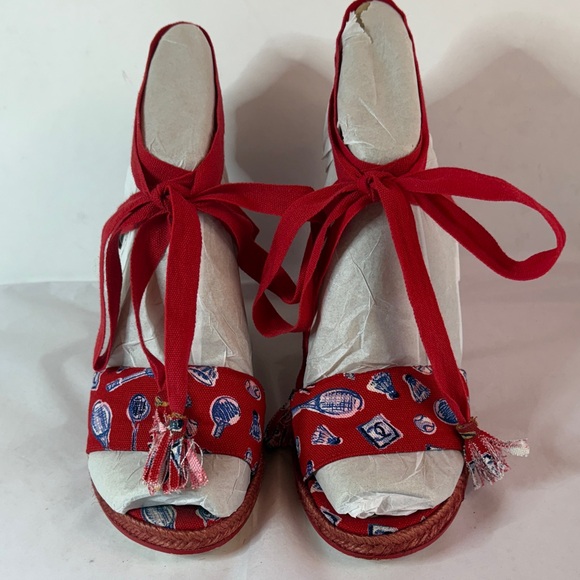 Chanel Red Espadrille Wedge Sandals - Picture 1 of 8